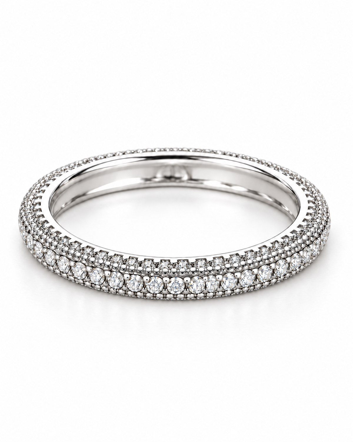 The Klint CZ Pavé Band — polished silver-tone pavé and bead-setting detail studio view on pearl white; reference-based AI visualization.