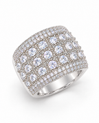 The Solis CZ Dome Ring — silver-color overhead diagonal pavé product view on a pearl-white studio background, reference-based AI visualization.
