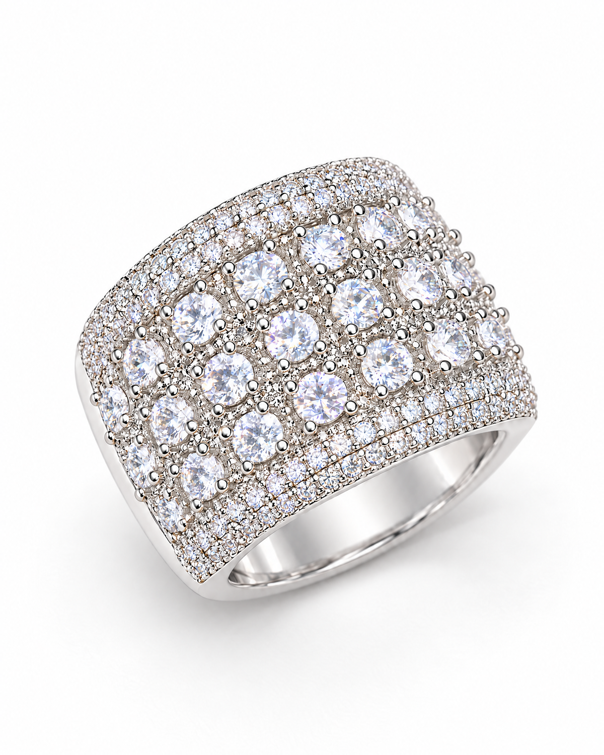 The Solis CZ Dome Ring — silver-color overhead diagonal pavé product view on a pearl-white studio background, reference-based AI visualization.