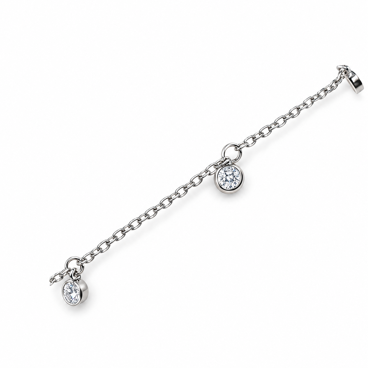 The Helle Moissanite Station Bracelet in silver tone, shown as a diagonal close detail with two round bezel stations and fine chain on pale greige, reference-based AI visualization.