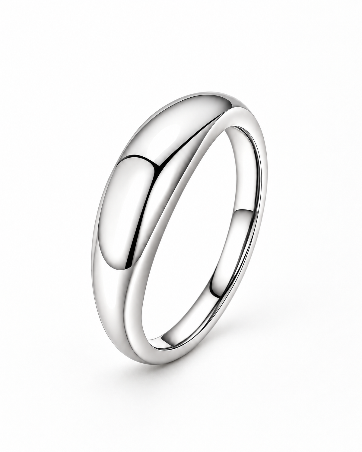 The Norden Plain Band Ring in polished silver, upright front three-quarter product-only view on a pearl-white studio background, reference-based AI visualization.