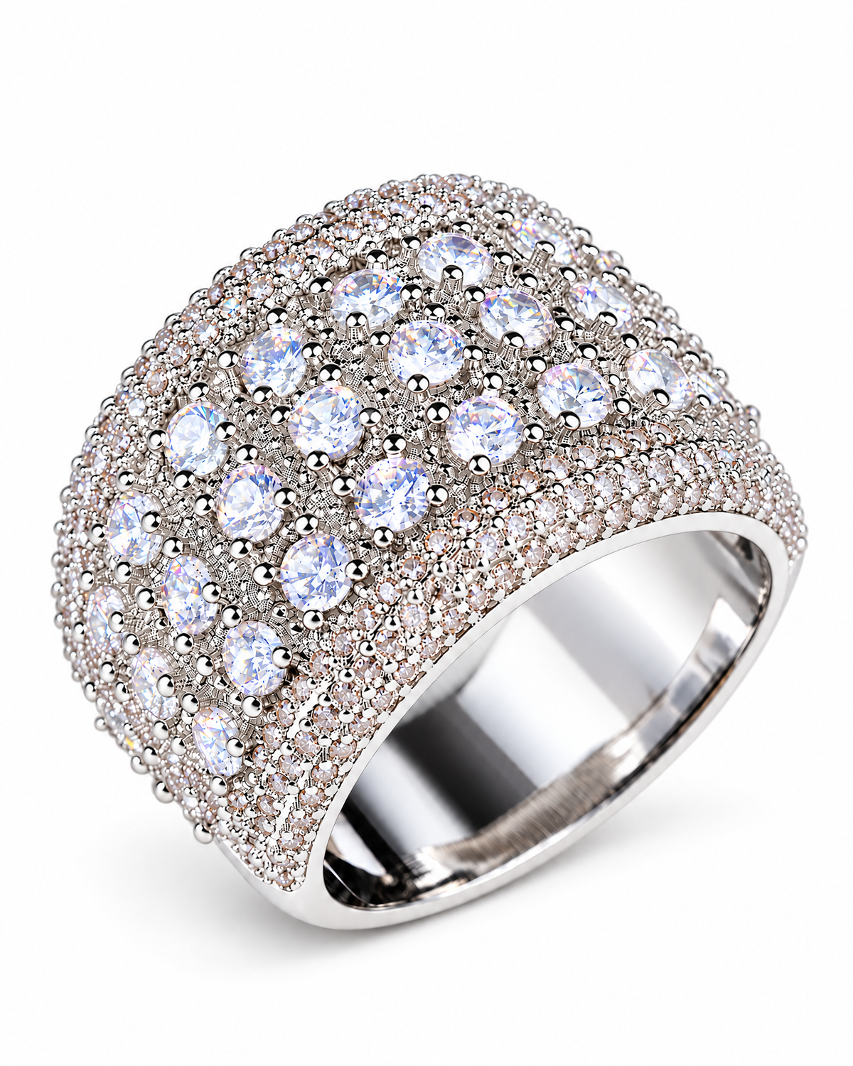The Solis CZ Dome Ring — silver-color front three-quarter product-only hero on a pearl-white studio background, reference-based AI visualization.
