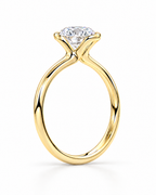 The Astrea Moissanite Solitaire Ring — warm gold-color upright side-setting profile on a pearl-white studio background; reference-based AI visualization.