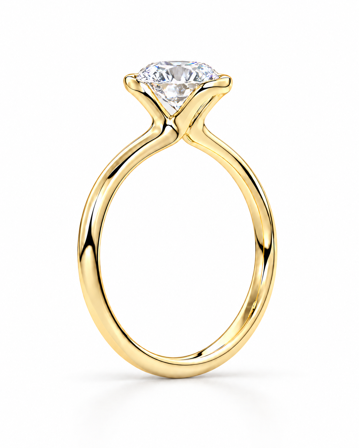 The Astrea Moissanite Solitaire Ring — warm gold-color upright side-setting profile on a pearl-white studio background; reference-based AI visualization.