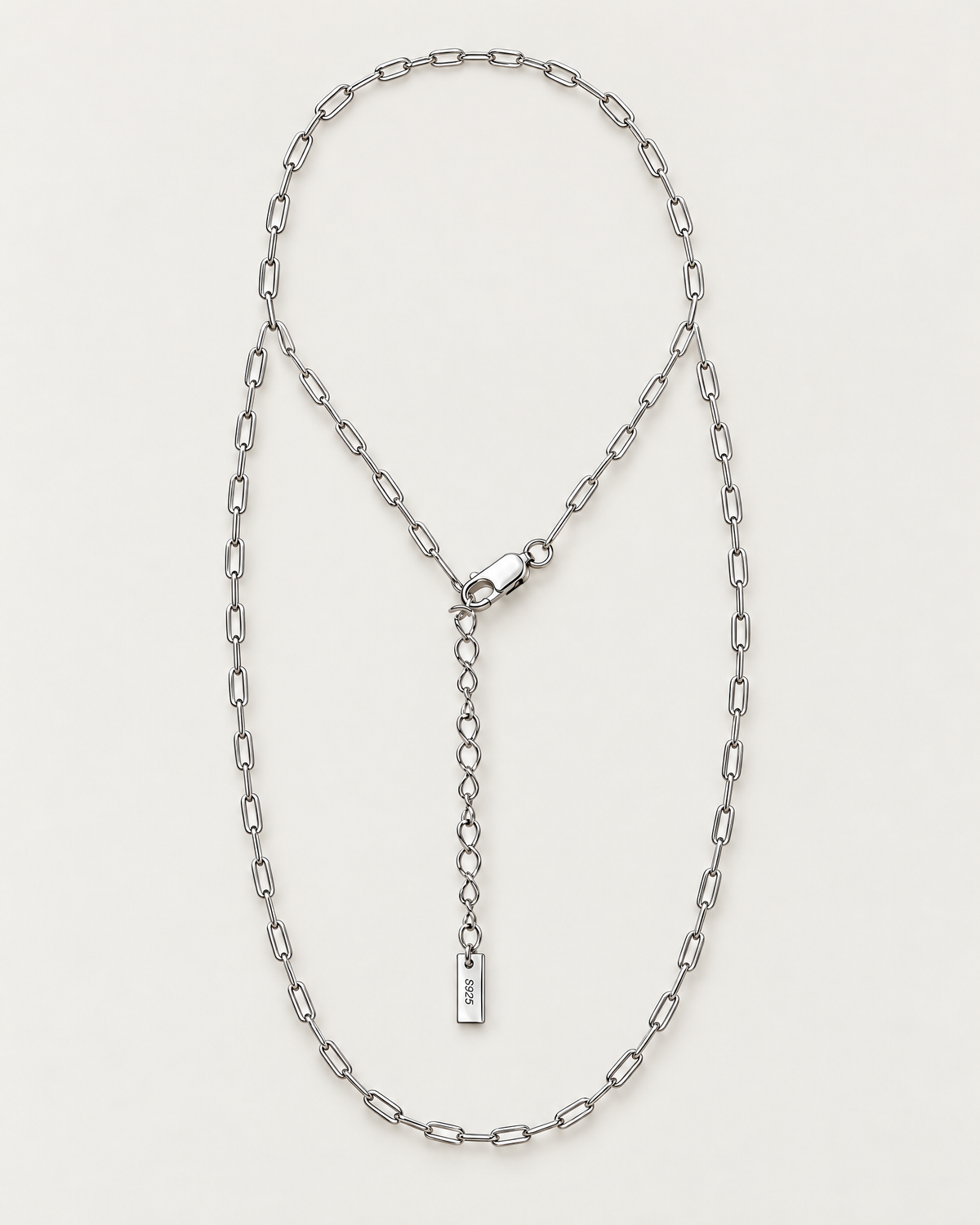 The Tova Dainty Paperclip Chain Necklace — silver-tone complete organic open-oval lay with clasp, extender and visible S925 terminal tag on pale greige, reference-based AI visualization.
