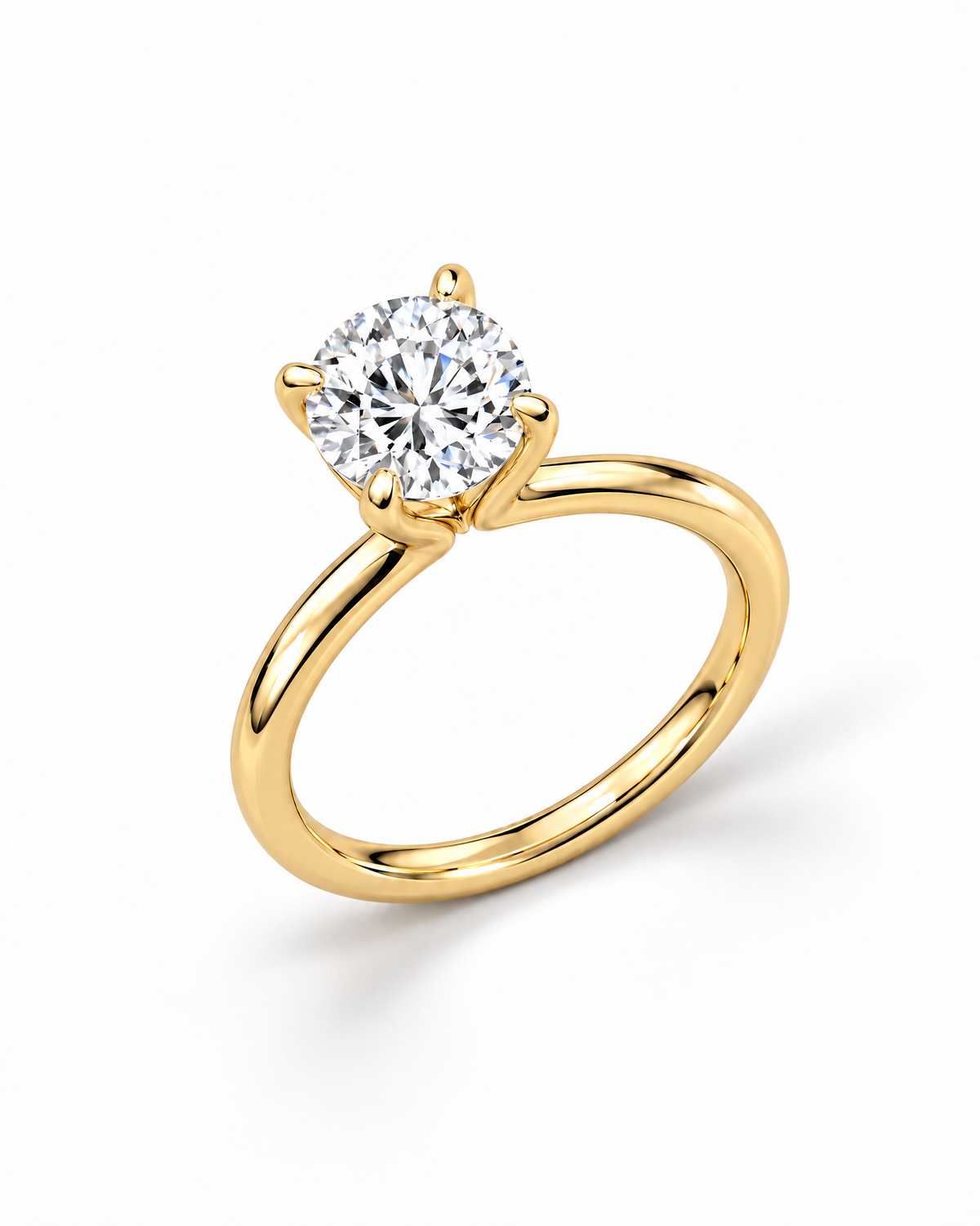 The Astrea Moissanite Solitaire Ring — warm gold-color overhead diagonal solitaire view on a pearl-white studio background; reference-based AI visualization.
