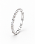 The Vale CZ Eternity Band — bright polished silver-tone clear-stone eternity band, front three-quarter product-only hero on a pearl-white studio background, reference-based AI visualization