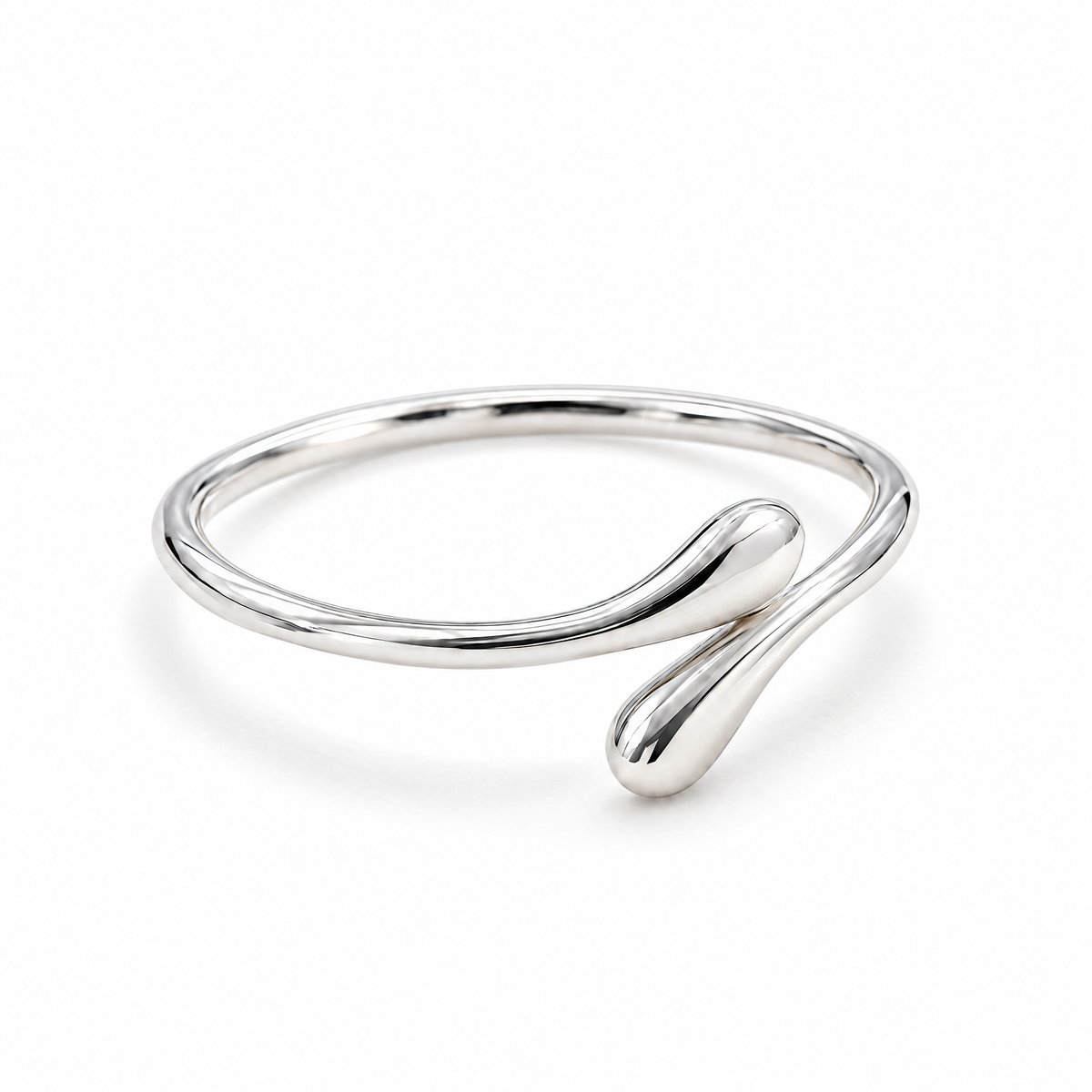 The Nova Open Geometric Band — polished silver-tone low side-profile product view on a pearl-white studio background; reference-based AI visualization.