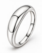 The Norden Plain Band Ring in polished silver, smooth domed-profile detail on a pearl-white studio background, reference-based AI visualization.