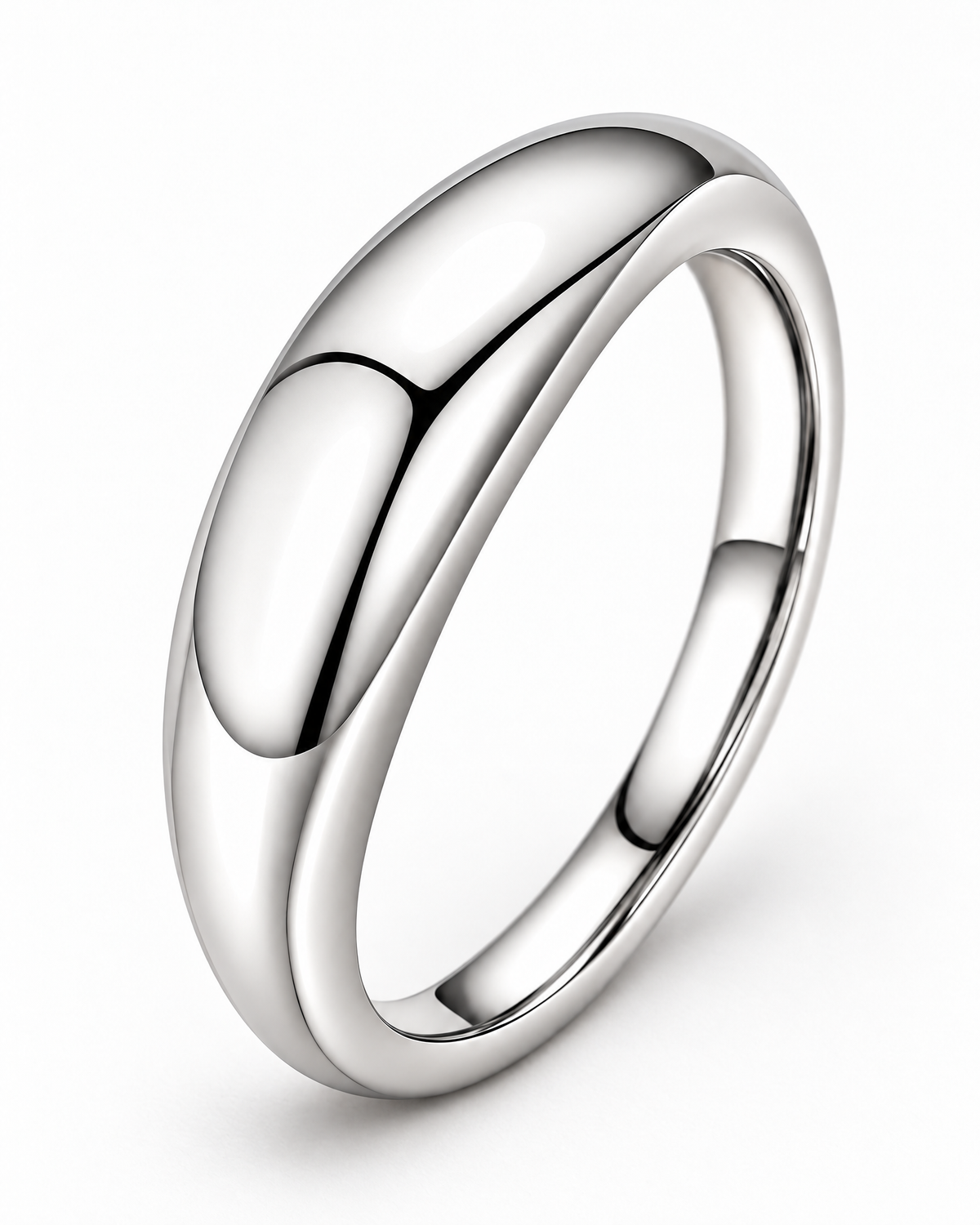 The Norden Plain Band Ring in polished silver, smooth domed-profile detail on a pearl-white studio background, reference-based AI visualization.