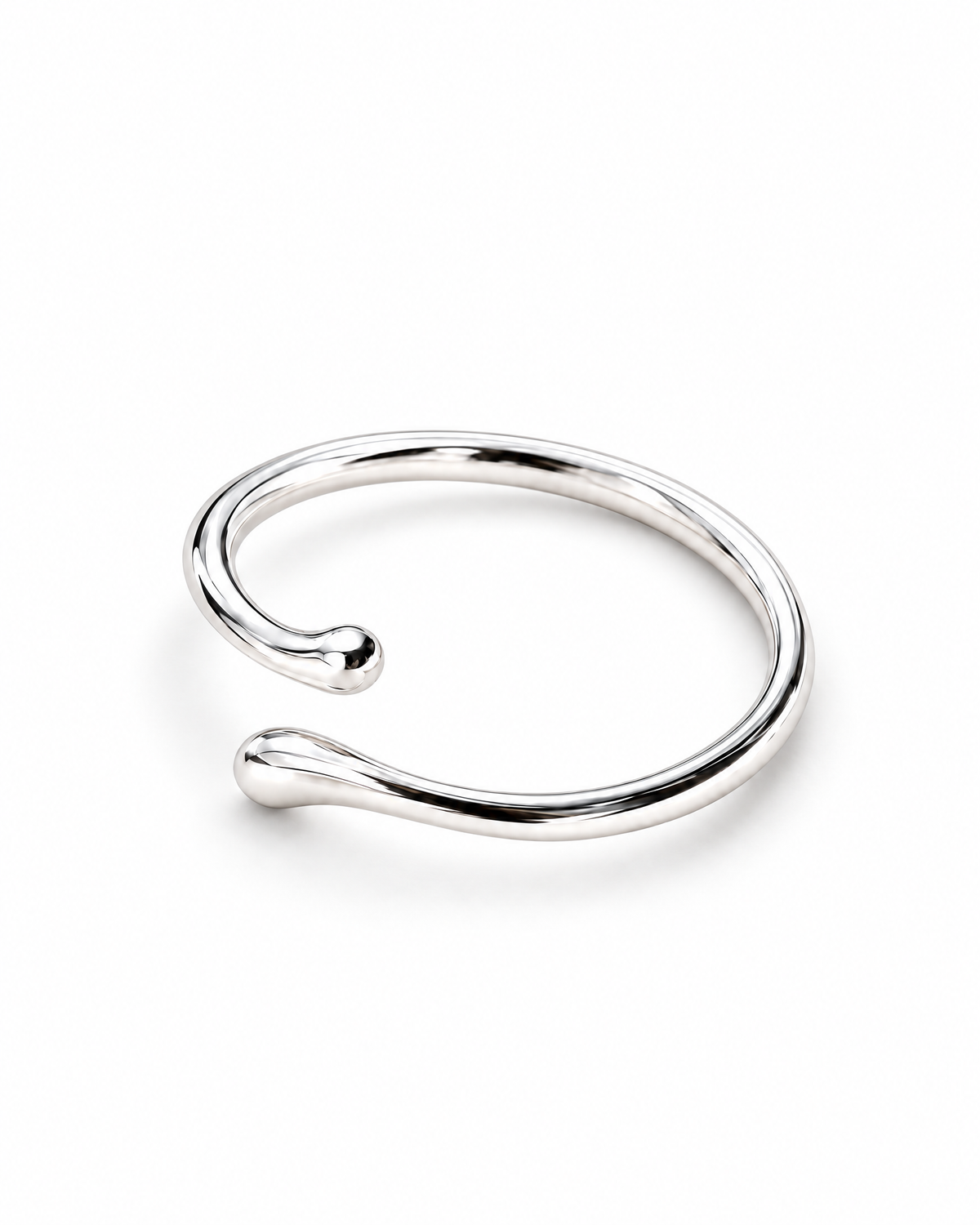 The Nova Open Geometric Band — polished silver-tone elevated three-quarter product view on a pearl-white studio background; reference-based AI visualization.