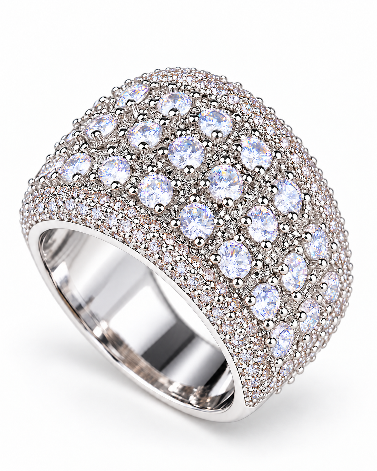 The Solis CZ Dome Ring — silver-color opposite three-quarter product view on a pearl-white studio background, reference-based AI visualization.