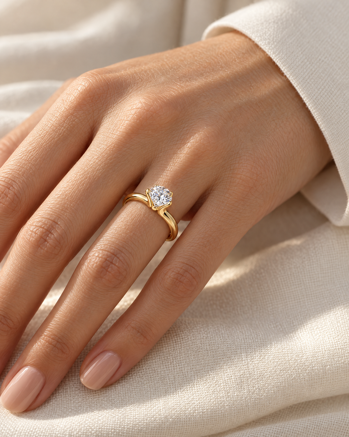 The Astrea Moissanite Solitaire Ring — warm gold-color round solitaire worn on a light warm-skinned adult hand with ivory linen; reference-based AI visualization.