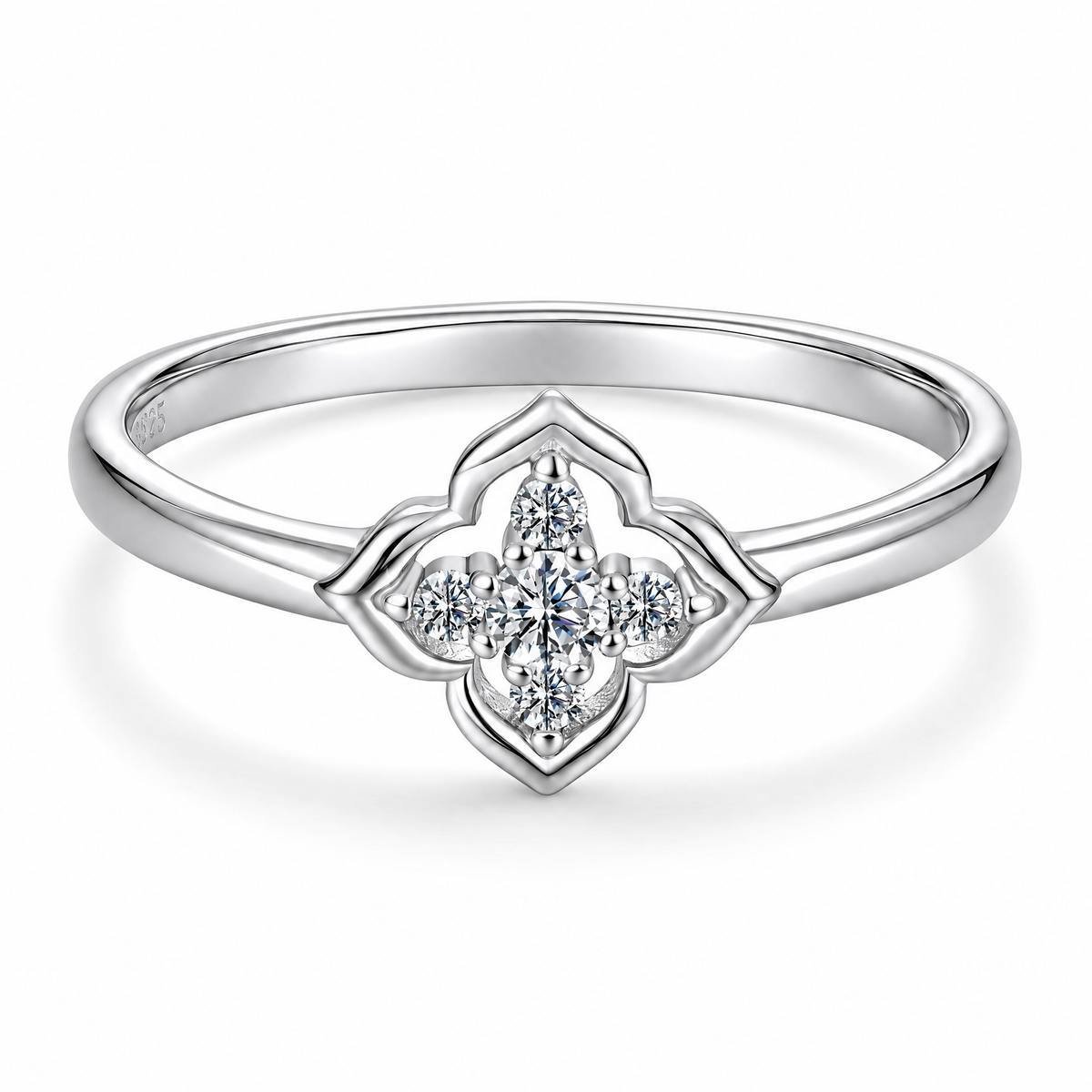The Seren Quatrefoil Moissanite Ring in visible silver-tone finish, complete front three-quarter product-only studio view on a pearl-white background, reference-based AI visualization.