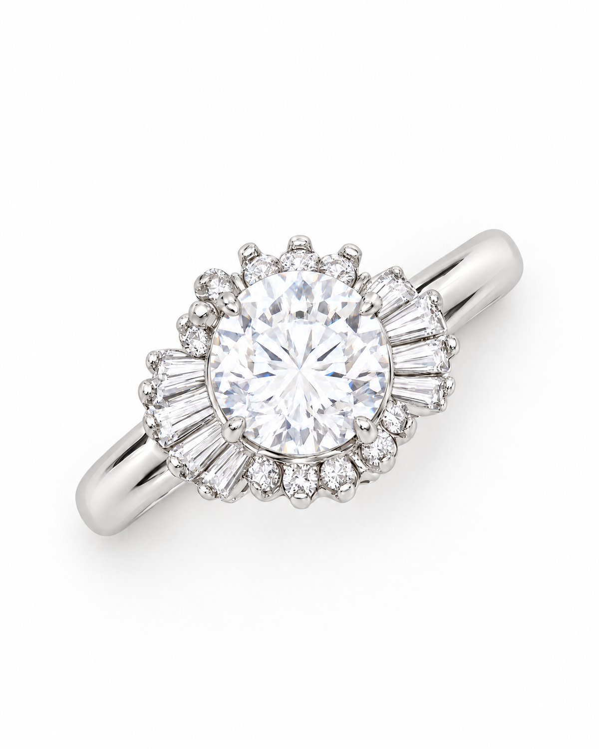 The Elian CZ Baguette Ring in polished silver-toned finish with a clear round center stone and baguette accents, true overhead face-up product-only pearl-white studio view — reference-based AI visualization.