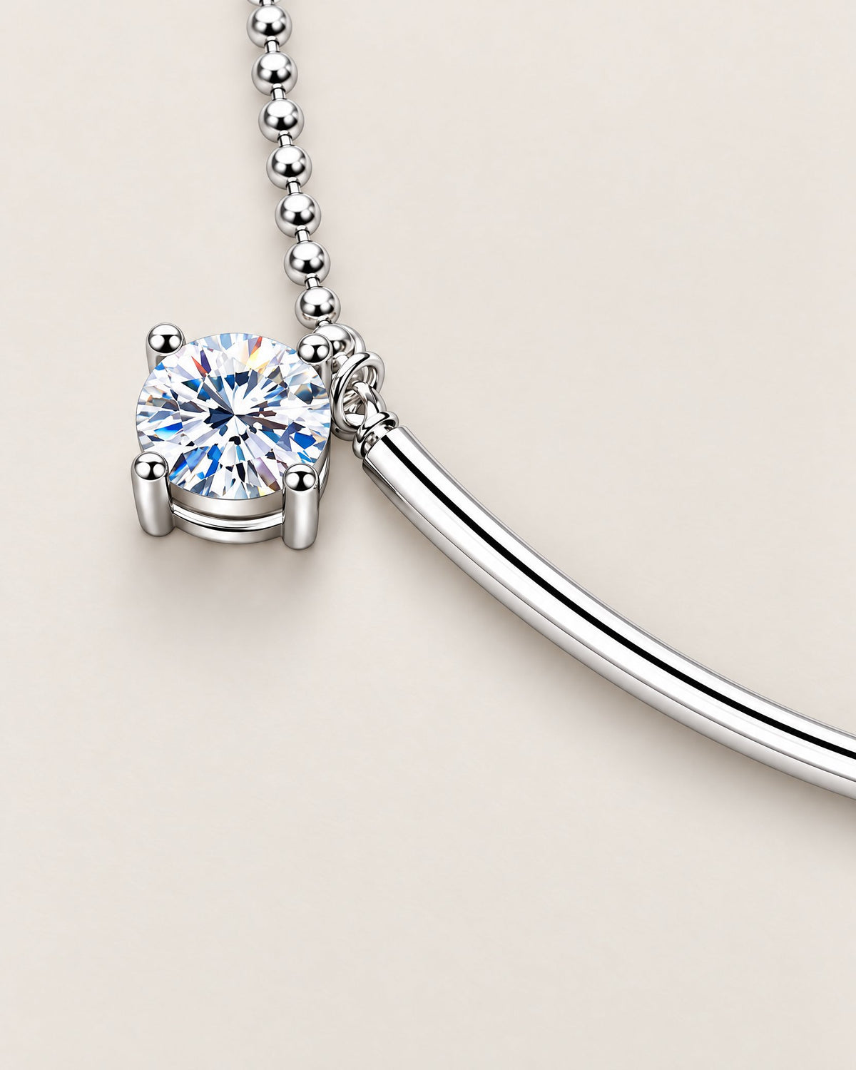 The Eden Moissanite Bracelet polished silver-tone curved bar and one round clear four-prong stone detail on a pale-greige background, reference-based AI visualization.