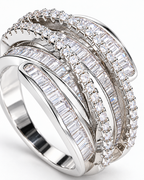 The Iona Interwoven Ring — White/silver-tone finish, close detail of the interwoven baguette-channel and round-prong setting on a pearl-white studio background; reference-based AI visualization.