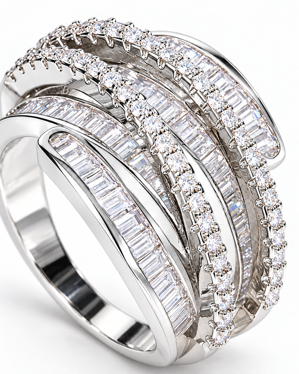 The Iona Interwoven Ring — White/silver-tone finish, close detail of the interwoven baguette-channel and round-prong setting on a pearl-white studio background; reference-based AI visualization.