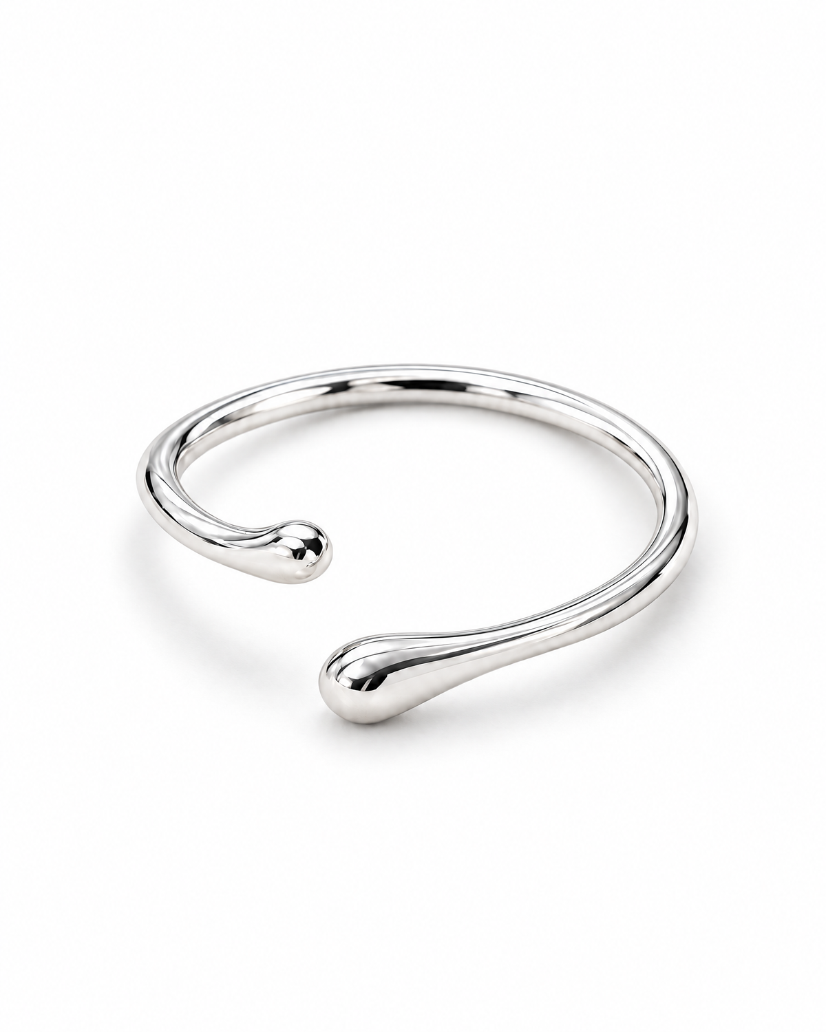 The Nova Open Geometric Band — polished silver-tone low resting open-gap product view on a pearl-white studio background; reference-based AI visualization.