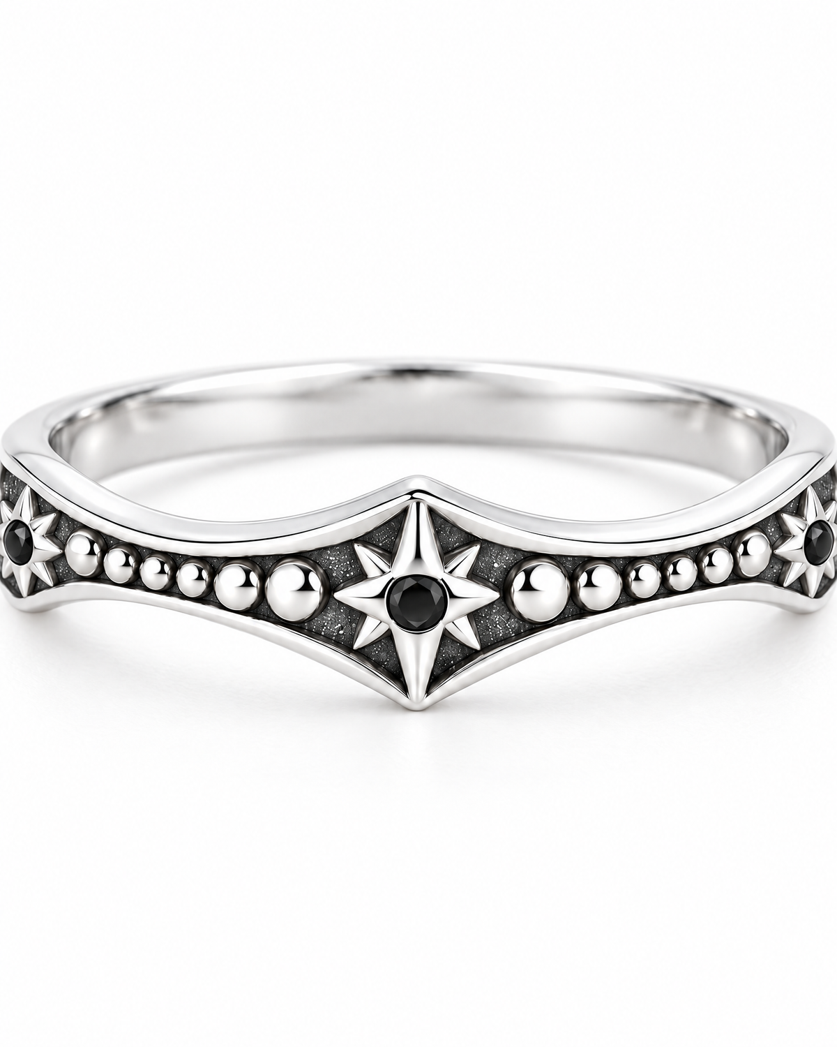 The Runa Starburst Ring — bright silver-tone central starburst and dark accent detail on a pearl-white studio background; reference-based AI visualization.