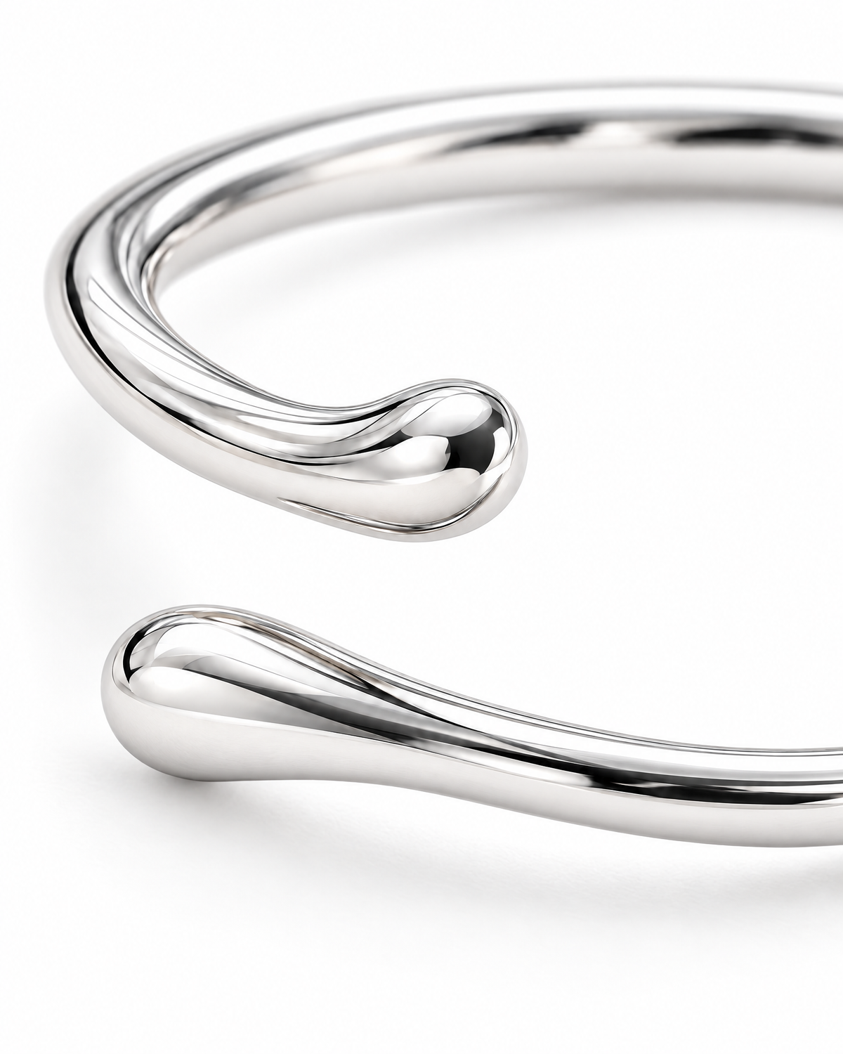 The Nova Open Geometric Band — polished silver-tone open-terminal and smooth bypass macro detail on a pearl-white studio background; reference-based AI visualization.