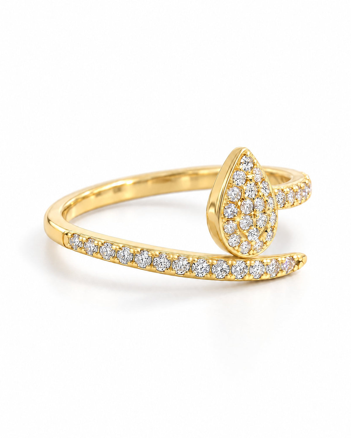The Oona Pavé Teardrop Ring in warm polished gold with clear round pavé stones, complete left-side setting-depth view on a pearl-white studio background; reference-based AI visualization.