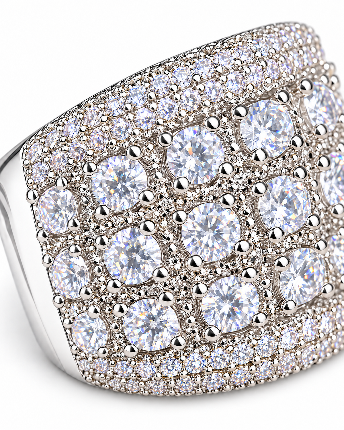 The Solis CZ Dome Ring — silver-color clear-stone and pavé setting macro on a pearl-white studio background, reference-based AI visualization.