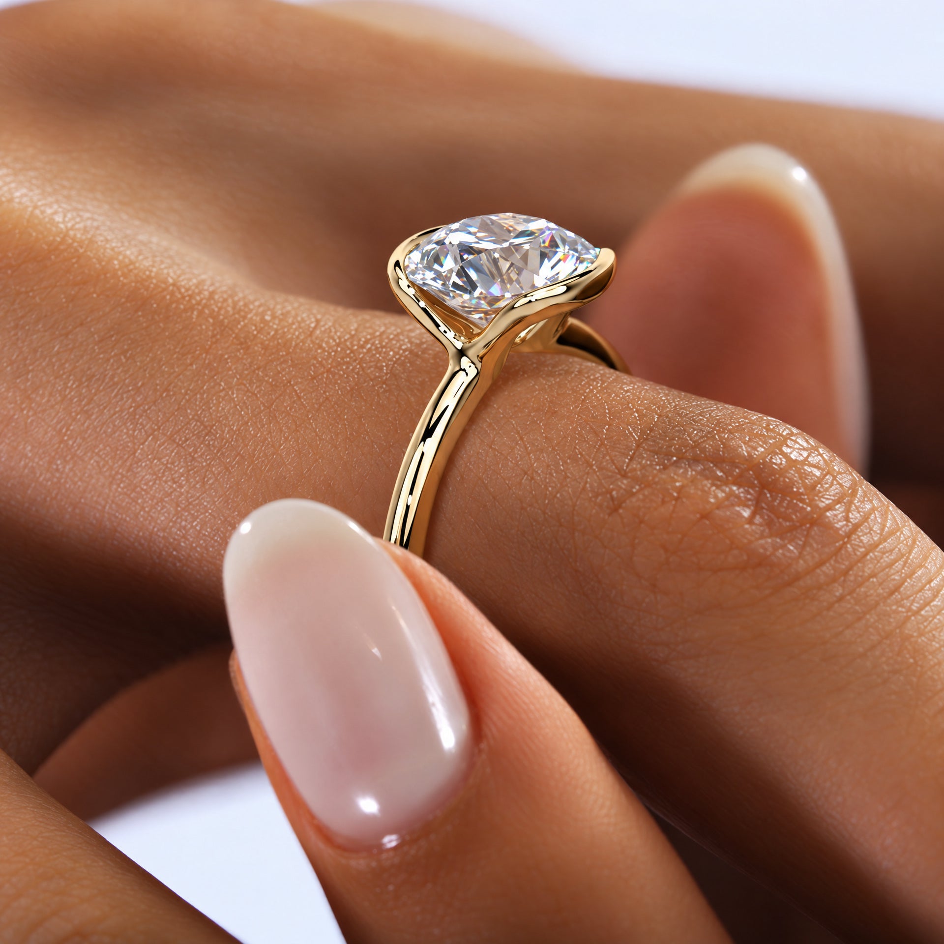 Astrea moissanite solitaire ring on a hand — AI-enhanced supplier photograph